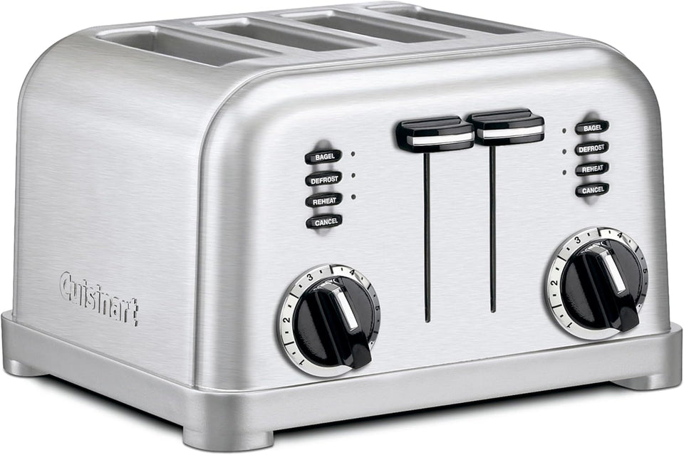 Cuisinart 4 Slice Compact Stainless Steel Toaster with Extra-Wide Slots for Bread, French Toast, Bagels & Pastries, Defrost & Reheat Functions, CPT-180P1, Brushed Stainless, Removable Crumb Tray