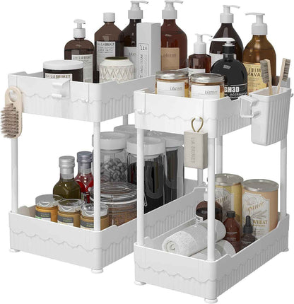 2 Pack Under Sink Organizer, Under Bathroom Cabinet Organizer with Hooks Hanging Cup, Multi-Purpose Storage Shelf for Kitchen Bathroom, Black