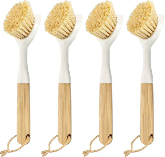 Dish Brush with Built-in Scraper - 4 Pack Bamboo Dish Scrubber Brush with Handle, Kitchen Brushes for Dishes & Pots, Sink, Eco Cleaning Tool Set