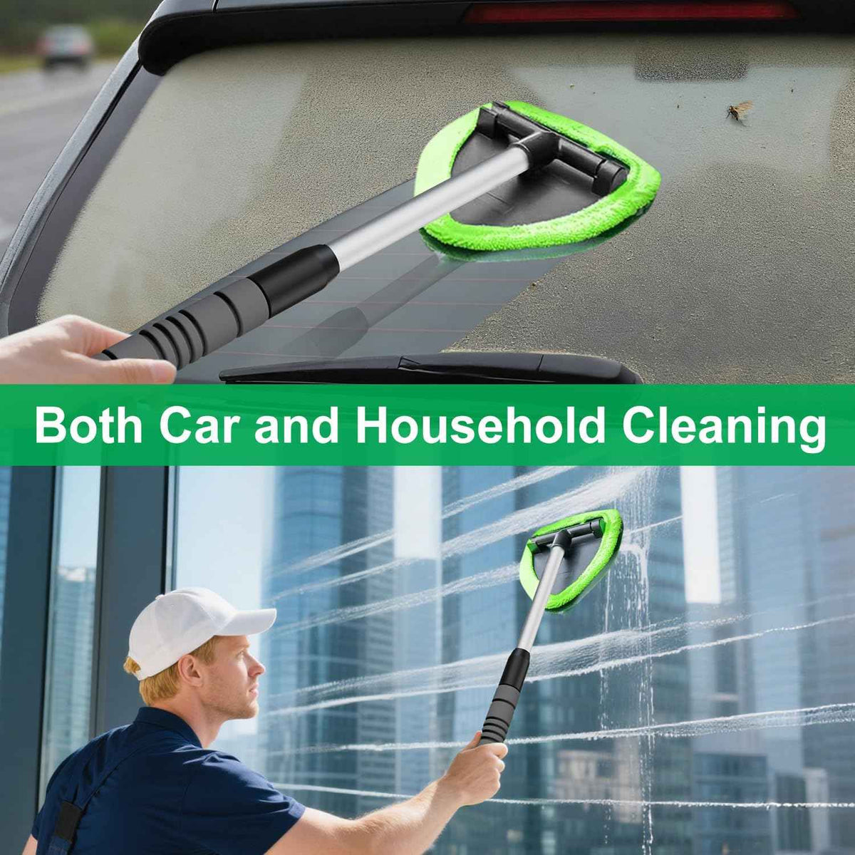 XINDELL Windshield Cleaner Tool – Car Interior Window Cleaning Kit with Extendable Handle & 4 Microfiber Pads, Auto Wiper Inside Windshield Brush for Car & Home Windows