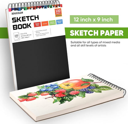 Soucolor Sketch Book, Spiral Bound Acid-Free Sketchbook with 68lb/100gsm for Paper Painting, Drawing, Writing, Artist Sketching Pad for Kids, Adults & Teens, 100 Sheets (Black, 9 x 12 Inch, Pack of 1)