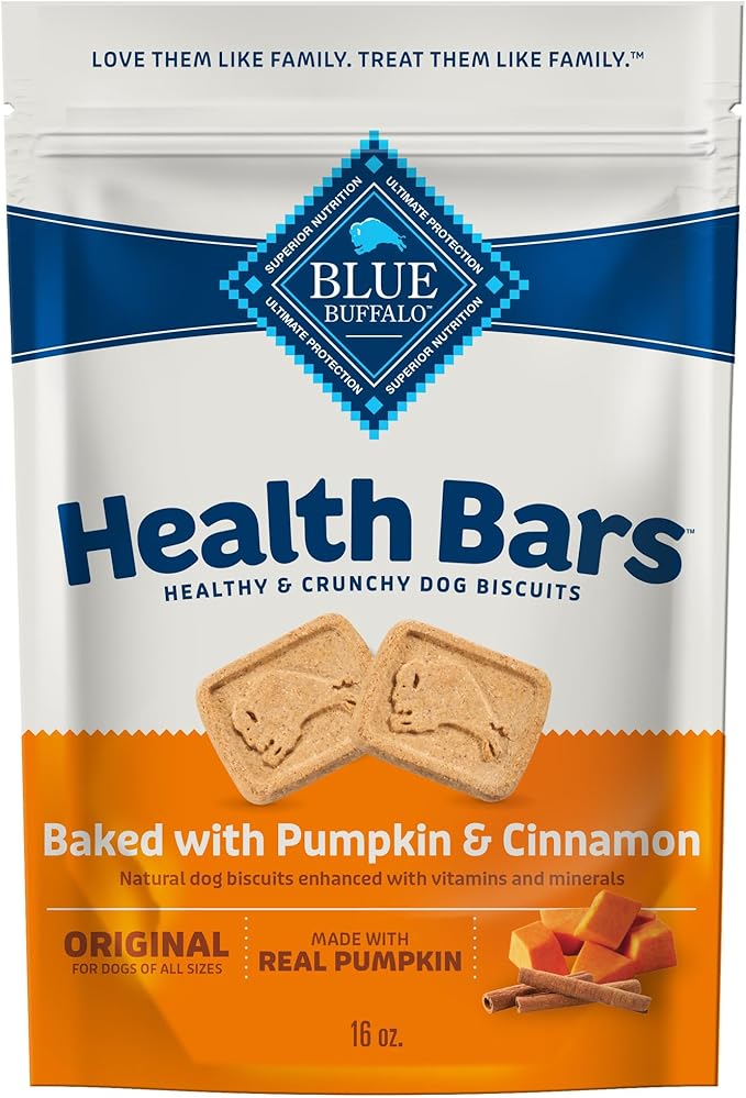 Blue Buffalo Health Bars Crunchy Dog Biscuits, Oven-Baked With Natural Ingredients, Pumpkin & Cinnamon, 16-oz Bag