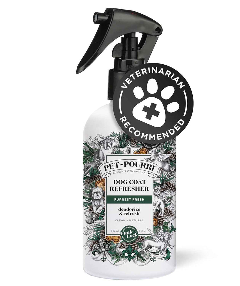 Poo-Pourri Furrest Fresh Dog Deodorizing Spray, 8 Fl Oz Grooming Perfume for Dog Coat, Pet Odor Neutralizer with Essential Oils, Vet Recommended, Paraben & Sulfate-Free Fir, Amber, & Cedarwood Scent