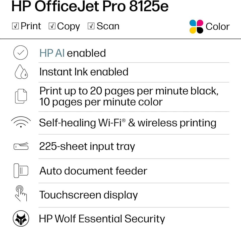 HP OfficeJet Pro 8125e Wireless All-in-One Color Inkjet Printer, Print, scan, Copy, ADF, Duplex Printing Best-for-Home Office, 3 Month Instant Ink Trial Included, AI-Enabled (405T6A)