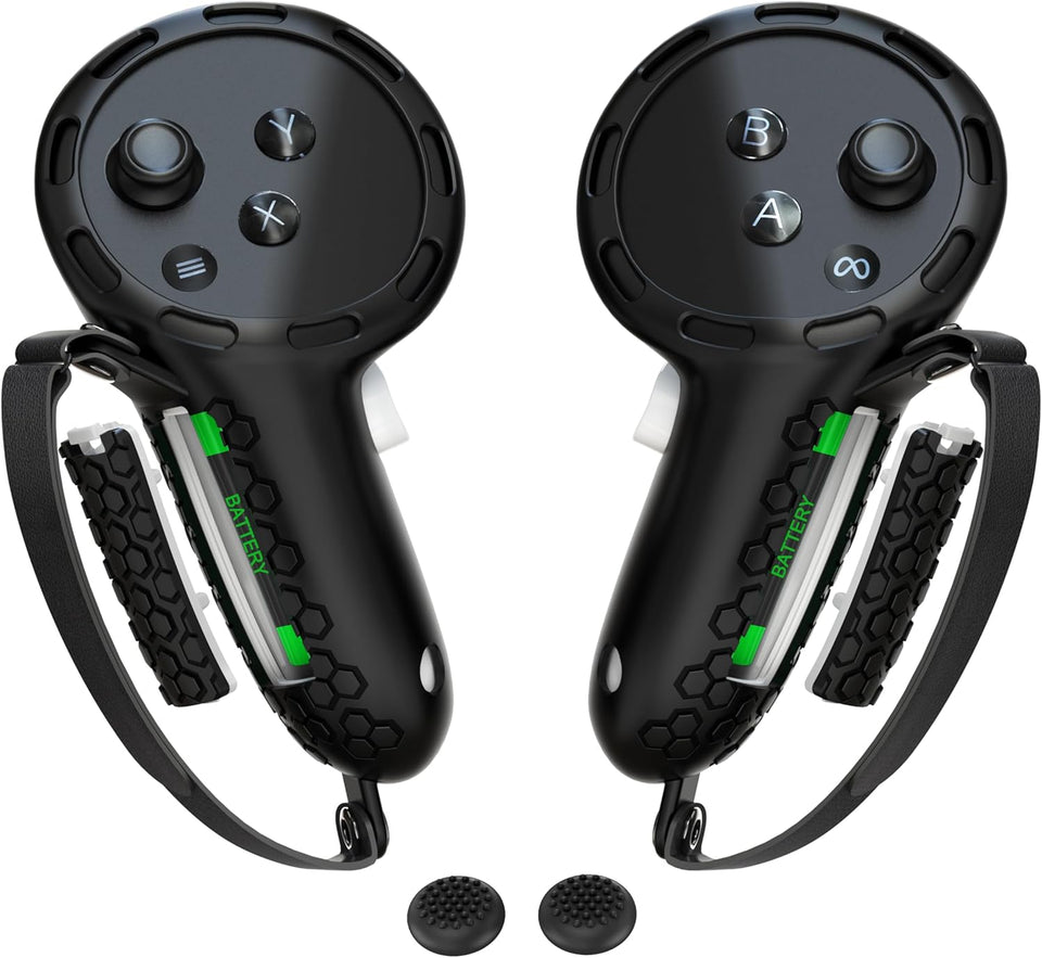 Controller Grips Compatible with Meta Quest 3S Oculus Quest 3 Controllers Straps Knuckle Hand Strap with Battery Opening Covers with Thumbsticks Covers Black, Batteries Not Included