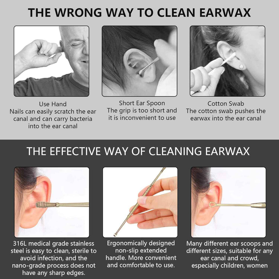 Hion 6 Pcs Extended Ear Wax Removal Kit,Professional Double-Headed Ear Pick Earwax Removal Tools,316L Stainless Steel Ear Cleaner Curette with Cleaning Brush and Storage Box,Suit for Kid Adult(Gold)