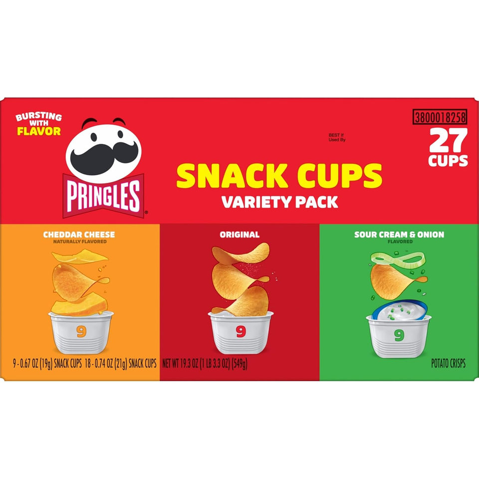 Pringles variety pack of 27 single-portion cups, 19.3oz box, includes cheddar cheese, original, and sour cream and onion flavors