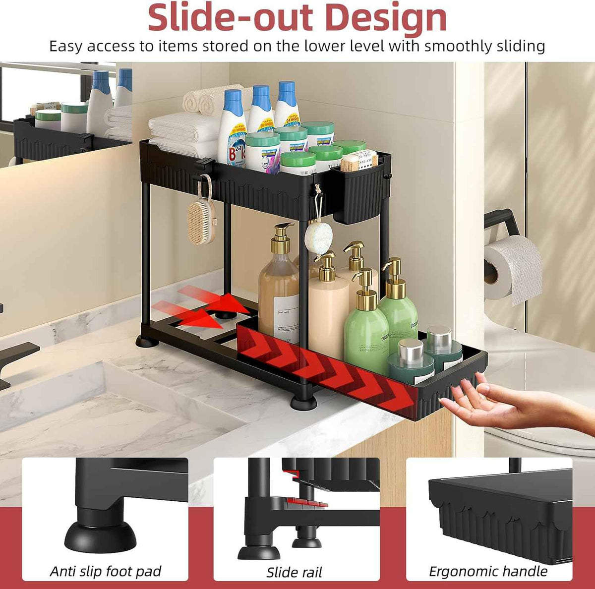 4 Pack Under Sink Organizer, Bathroom Organizers and Storage, 2 Tier Multi-Use Pull Out Cabinet Organizer with Hang Hooks and Cups (Black, 4 Pack)