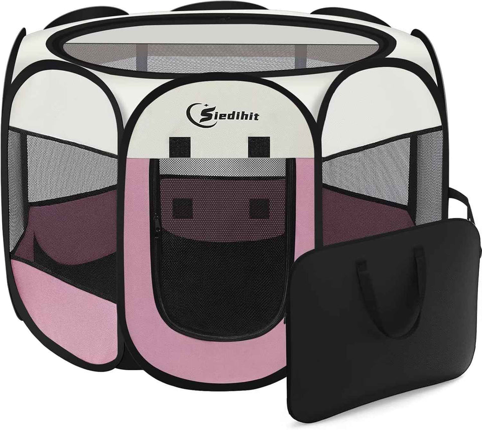 Dog Cat Playpen, Puppy Pet Playpen Indoor for Small Dogs Tent Crates Cage Outdoor, Portable Pop Up Dog Kennel Playpen with Carrying Case for Dogs/Cats/Rabbits, Removable Zipper Top, Grey