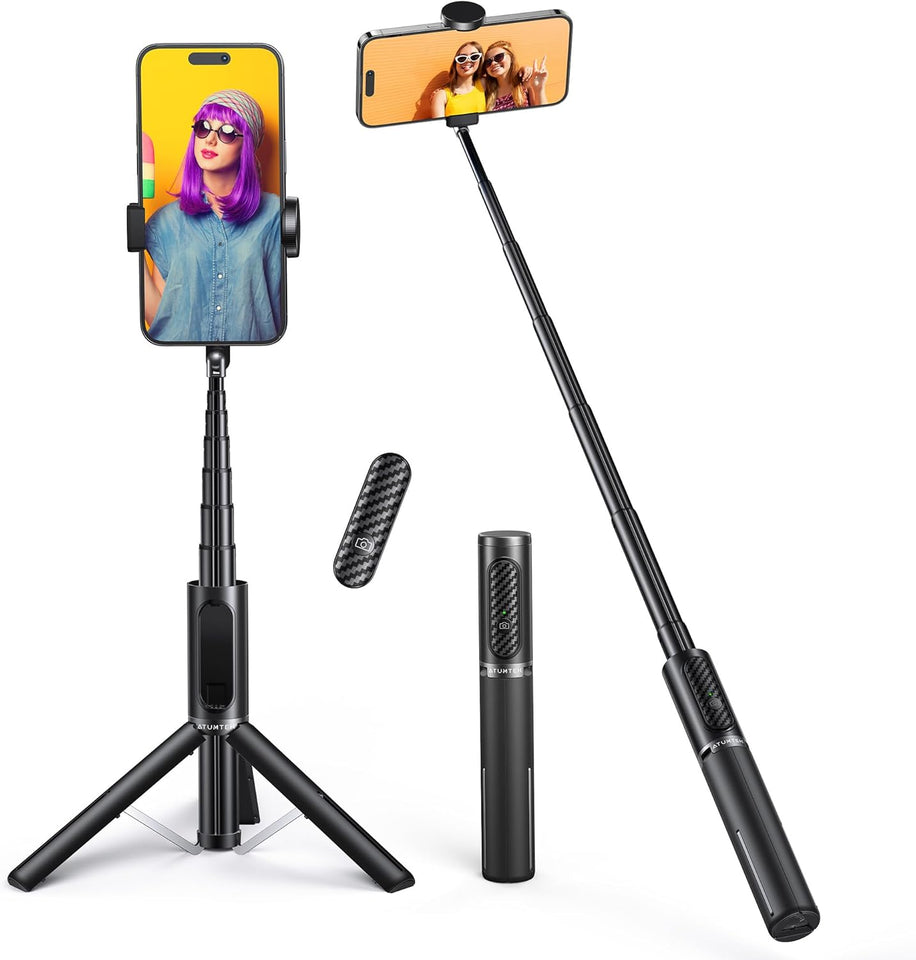 ATUMTEK Selfie Stick Tripod, 3-in-1 Extendable Aluminum Phone Tripod with Detachable Bluetooth Remote, Compatible with iPhone 17/16/15/14/13/12/11/11 Pro/XS Max/XR and Samsung Smartphones, Black