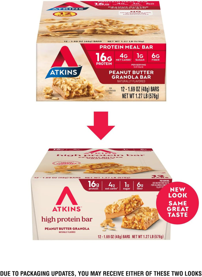 atkins peanut butter granola high protein bar, 16g protein, 1g sugar, 12 count