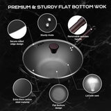Wok, 13 Inch carbon steel woks & stir-fry pans nonstick, Pre-Seasoned 5.8QT Flat Bottom Chinese Wok Paella Pan with lid, Carbon Steel Cookware, Compatible with All Cooktops