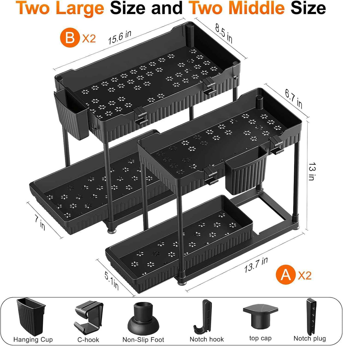4 Pack Under Sink Organizer, Bathroom Organizers and Storage, 2 Tier Multi-Use Pull Out Cabinet Organizer with Hang Hooks and Cups (Black, 4 Pack)