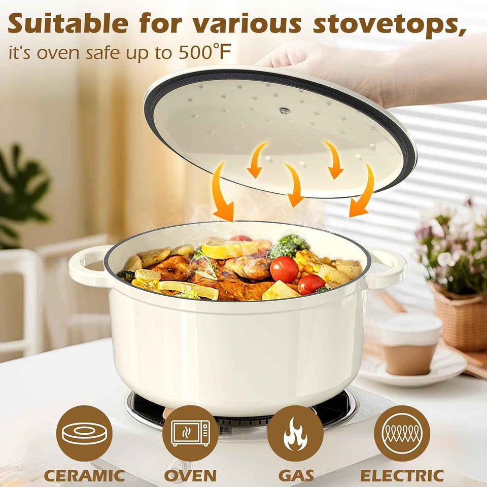 Enameled Cast Iron Dutch Oven - Umite Chef 5QT Pot with Lid & Cotton Potholders - Heavy-Duty Cookware for Bread Baking, Braising, Stews, Roasting(Cream White)