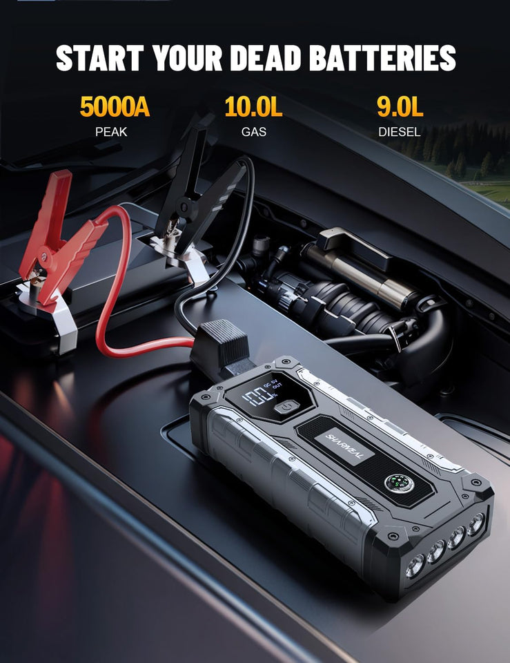 sharmeal 3000a portable jump starter for 9.0l gas and 7.0l diesel vehicles with led light