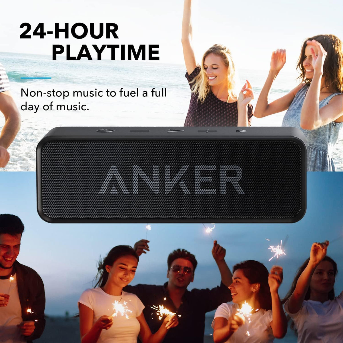 Anker Soundcore Upgraded Bluetooth Speaker with IPX5 Waterproof, Stereo Sound, 24H Playtime, Portable Wireless Speaker for iPhone, Samsung and More (Black)