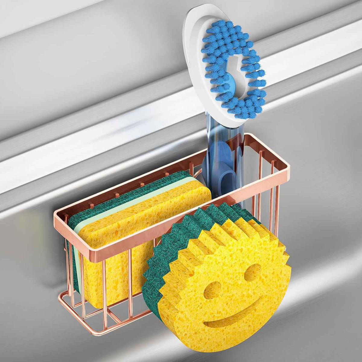 Sponge Holder Smiley Face,Sink Caddy,Sink Organizer with 2 Suction Cups/1 Adhesive Strips,Designed for Sponge,Soap,Dish Brush,Scrubber - Black