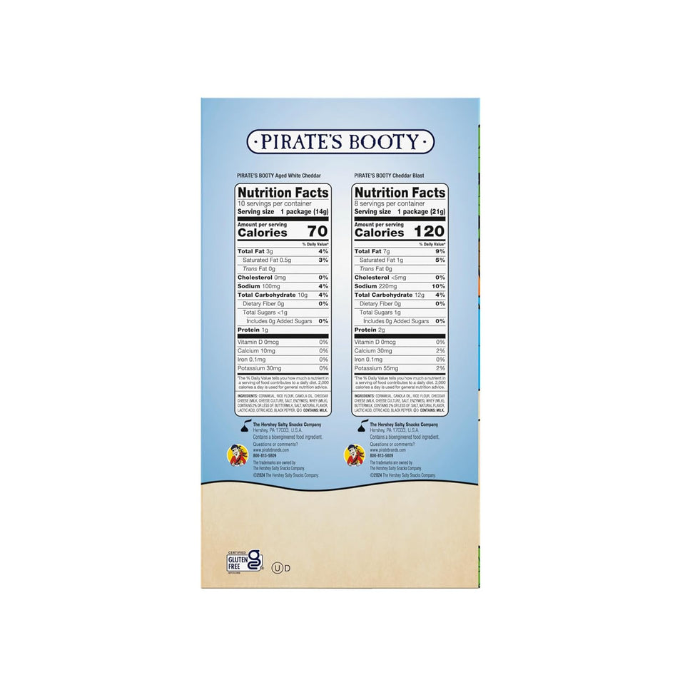 Pirate's Booty Aged White Cheddar and Cheddar Blast Cheese Puffs Variety Pack, 18-count, 0.5oz and 0.75oz bags, gluten-free kids snacks
