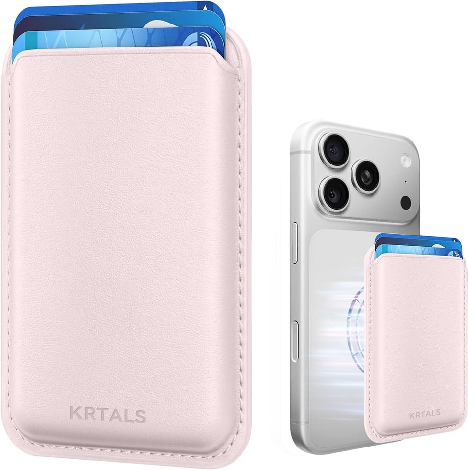 Magnetic Wallet Cell Phone Card Holder for Phone Case, Stronger Magnetic RFID Leather Phone Wallet Stick on Series of iPhone 17/16/15/14/13/12 and Pro/Promax, Light Pink