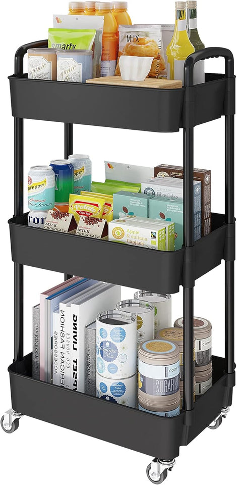 Laiensia 3-Tier Storage Carts,Multifunction Utility Rolling Cart Kitchen Storage Organizer,Mobile Shelving Unit Cart with Lockable Wheels for Bathroom,Laundry,Living Room,With Classified Sticker,Black