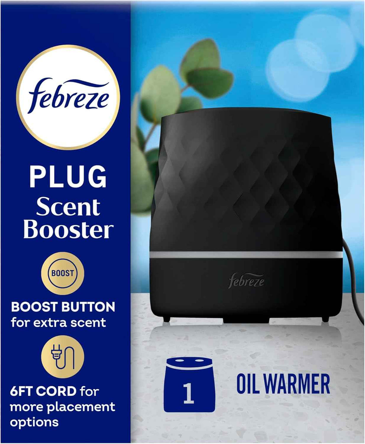 Febreze Plug Scent Booster in Black, Continuous Scent Device Oil Diffuser, Compatible with Febreze Air Freshener Plug in Refills