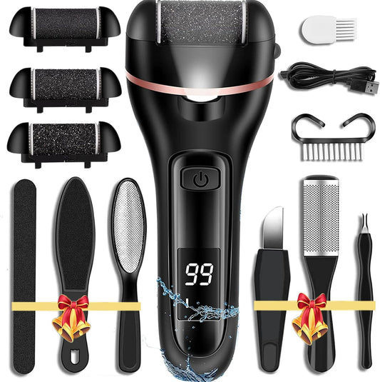 Callus Remover for Feet Electric Foot File, 13-in-1 Professional Pedicure Tools Foot Care Kit, Foot Scrubber Pedi for Hard Cracked Dry Dead Skin, 3 Rollers, 2 Speed, Battery Display (Black)