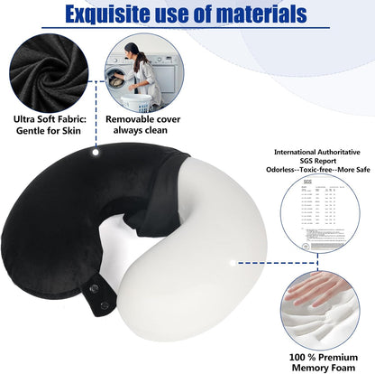 SAIREIDER Travel Pillow 100% PLre Memory Foam Travel Neck Pillow, Airplane Pillow for Traveling、Car、Home、Office，Washable Cover（Black）