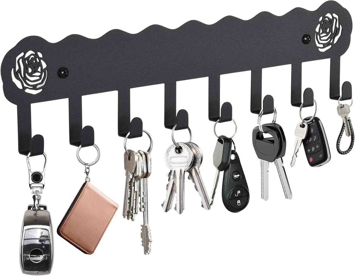 Key Holder Hooks Organizer Hanger Rack Wall Mounted with 8 Hooks, Adhesive Key Holder for Wall, No Drill Modern Key Holder Wall Mount, for Entryway, Kitchen, Hallway, RV Decor （Medium）
