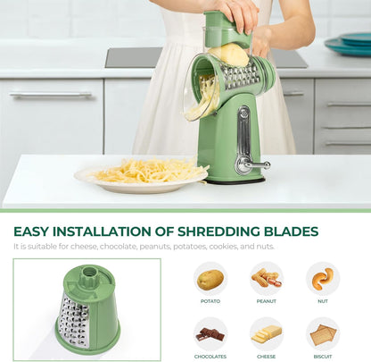 SUSTEAS Rotary Cheese Grater with Handle - Vegetable Shredder with 5 Well-designed Blades & Strong Suction Base,Round Mandoline Slicer & Food Chopper for Kitchen,with Blade Storage Box(Retro Green)