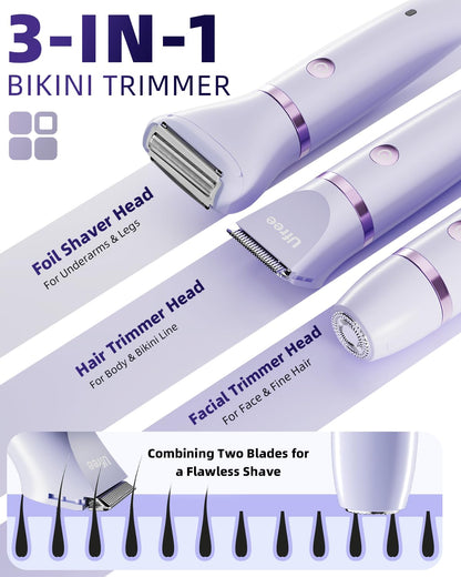 Ufree Bikini Trimmer Electric Razors for Women, Rechargeable PLbic Body Hair Trimmer Electric Shaver for Legs Body Hair, Bikini Shaver IPX7 Waterproof, Gifts for Women, PLrple