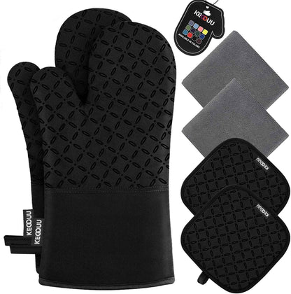 KEGOUU Oven Mitts and Pot Holders 6pcs Set, Kitchen Oven Glove High Heat Resistant 500 Degree Extra Long Oven Mitts and Potholder with Non-Slip Silicone Surface for Cooking (Grey)