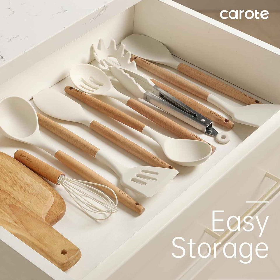 CAROTE Silicone Cooking Utensils Set, Kitchen Utensils Set 10 Pcs for cooking, BPA Free Spatula Set with Heat Resistant Wood Handles for Nonstick Cookware (Cream White)