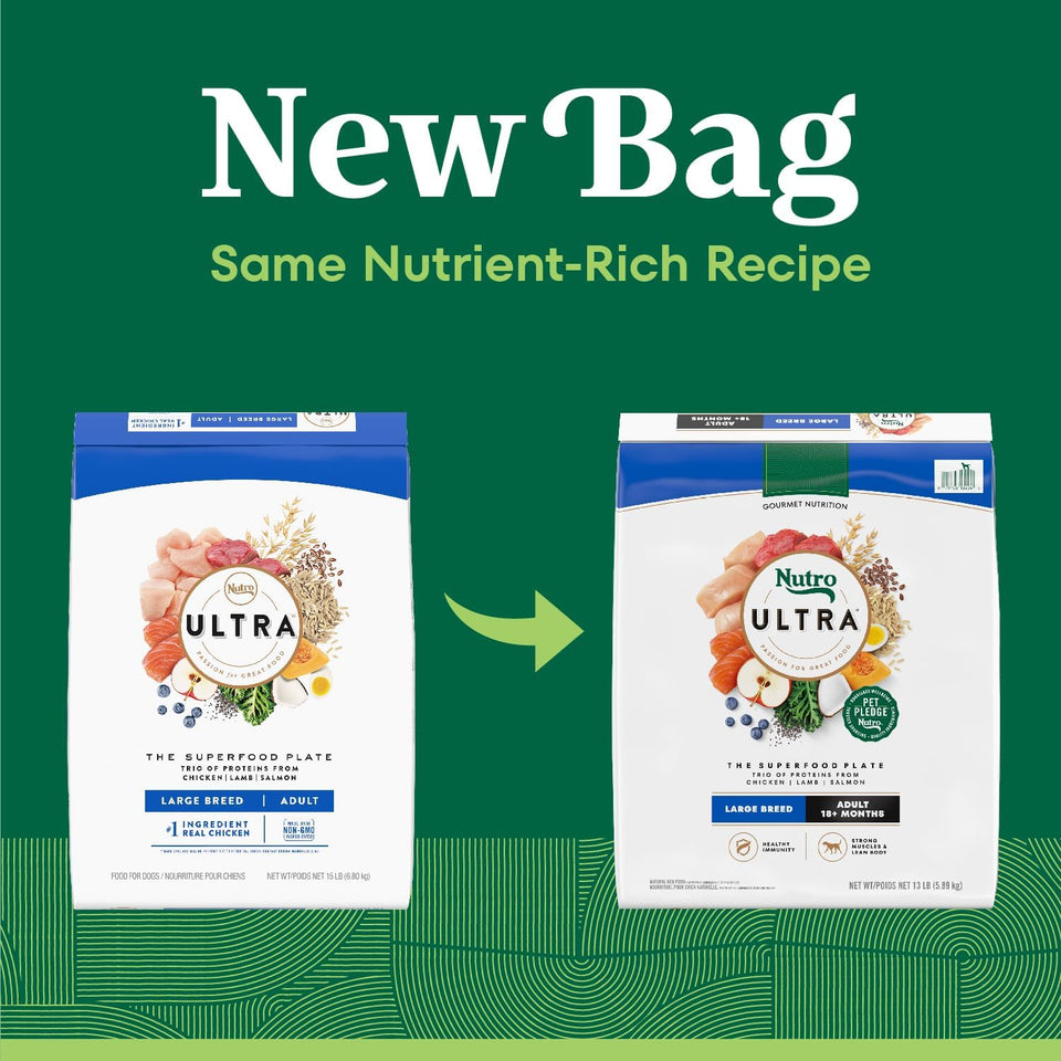 Nutro Ultra Adult Large Breed Dry Dog Food, high-protein chicken, lamb, and salmon protein trio, 13 lb non-GMO bag