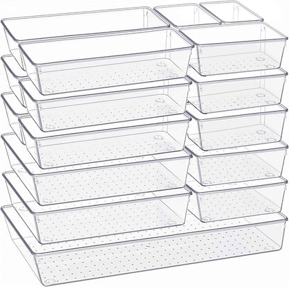 Criusia Drawer Organizer, 10 Pack Large Clear Plastic Set, 3 Size Versatile Bathroom and Vanity Organizer Trays, Storage Bins for Makeup, Bedroom, Kitchen Utensils