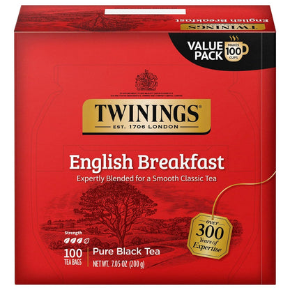 Twinings English Breakfast Black Tea Individually Wrapped Bags, 100 Count (Pack of 1), Smooth, Flavourful, and Robust, Caffeinated, Enjoy Hot or Iced, 100 Teabags