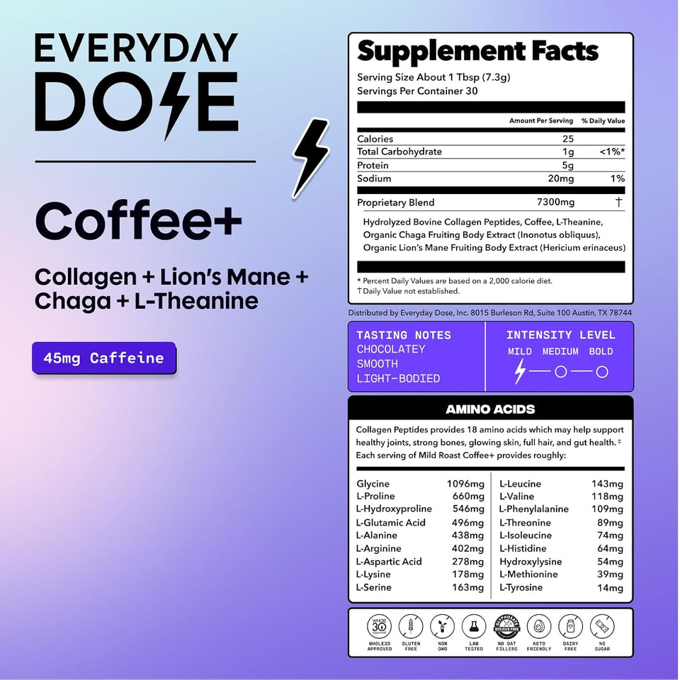everyday dose premium adaptogenic mushroom coffee with grass-fed collagen 30 servings