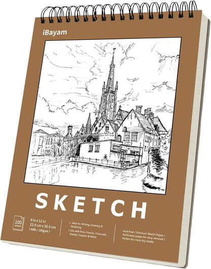 iBayam 9x12 Sketchbook, Spiral Bound Sketch Book for Kids, Teens Adults Artists Beginners, Drawing Supplies Art Supplies,100 Sheets (68lb/100gsm) Premium Drawing Pad for Sketching Writing Painting