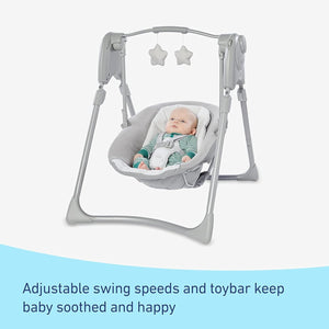Graco Slim Spaces Compact Baby Swing, Space Saving Portable Bay Swing with Height Adjustable Legs & Soft Toys, Reign