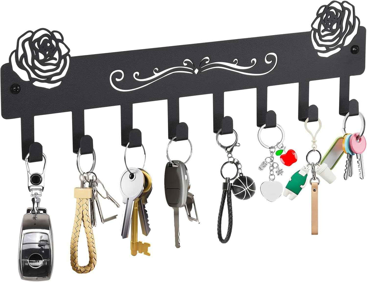 Key Holder Hooks Organizer Hanger Rack Wall Mounted with 8 Hooks, Adhesive Key Holder for Wall, No Drill Modern Key Holder Wall Mount, for Entryway, Kitchen, Hallway, RV Decor （Medium）