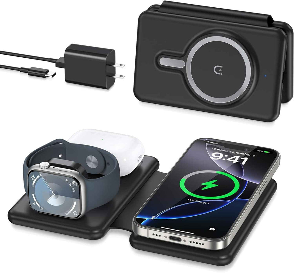 Magnetic Wireless Charger for iPhone: 3 in 1 Travel Charging Station for Apple Devices for iPhone 17 Air 16 15 14 13 12 Pro Max Plus - Foldable Charging Pad for Apple Watch Series & Airpods 4 3 2 Pro