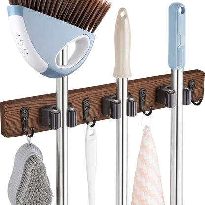 Mop and Broom Holder Wall Mount - Rustic Wood Broom Mop Hanger - Wall Mounted Garden Tool Rack Organizer for Closet Garage Laundry Room Kitchen Decor With 4 Slots & 4 Hooks - Rayz Mart
