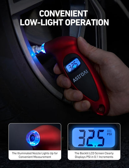 AstroAI Digital Tire Pressure Gauge 0-150PSI, Accurate in 0.1 Increments, Stocking Stuffers with Backlit LCD and Presta Valve Adaptor, 4 Units of Measurement for Car Truck Bicycle, Red