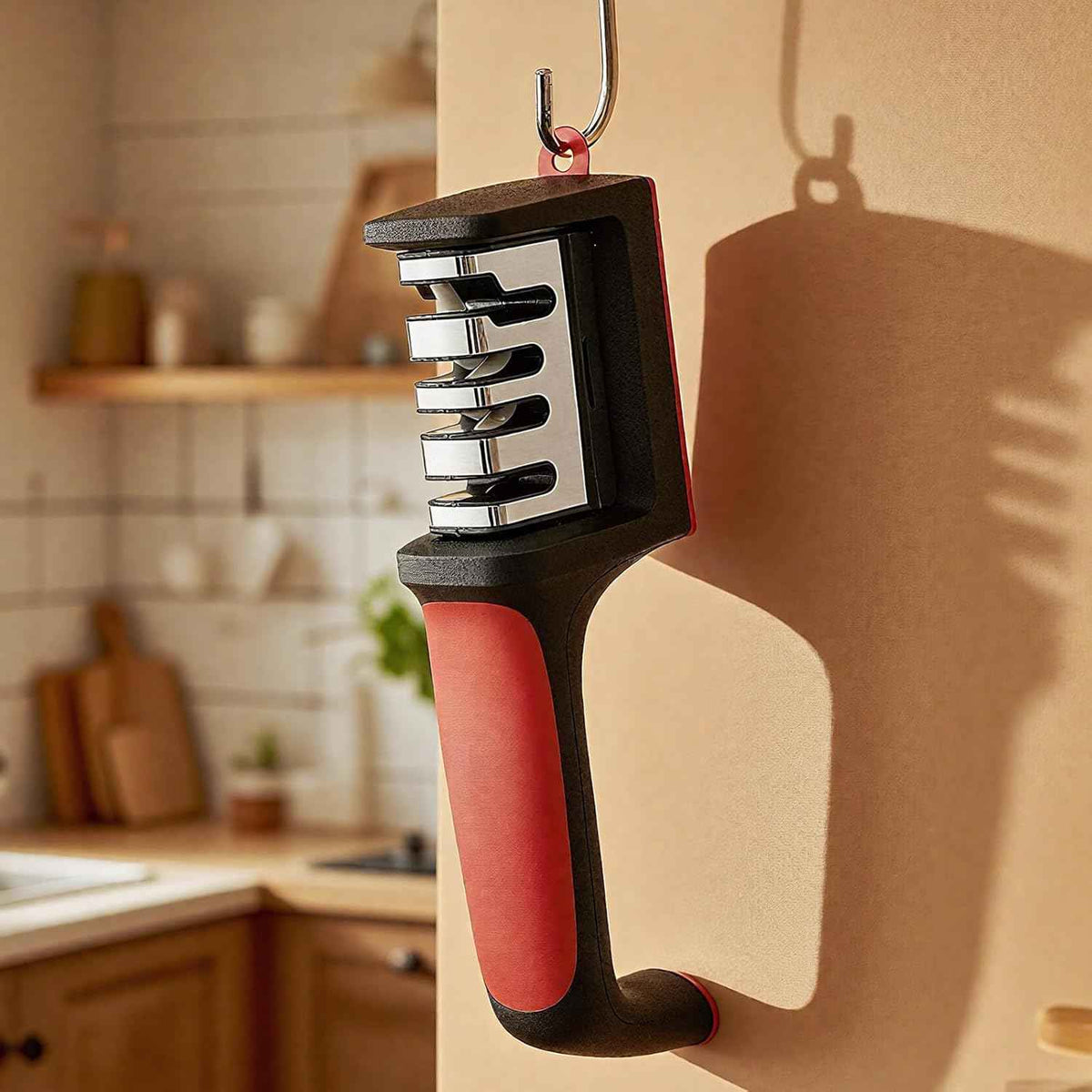 4-in-1 Kitchen Knife Sharpener, Professional Grade with Tungsten Steel and Ceramic Slots, Scissor Sharpening, Black/Red