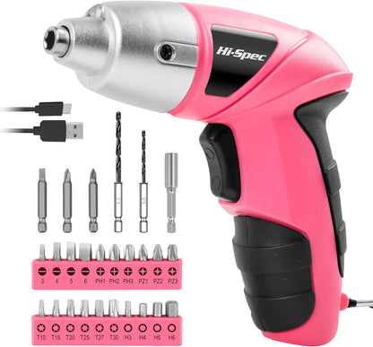Hi-Spec Electric Screwdriver 27pc 3.6V Pink USB Small Power Screwdriver Set. Cordless & Rechargeable with Driver Bit Set