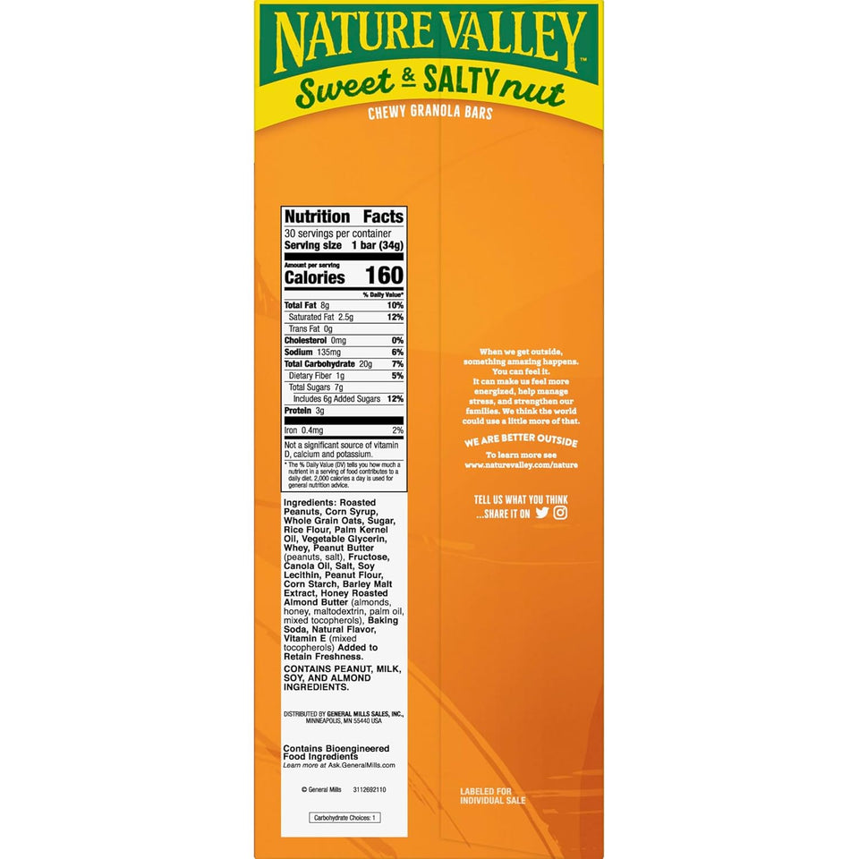 Nature Valley Sweet and Salty Peanut Granola Bars, 30 Bars, 36 OZ, Snack Bars