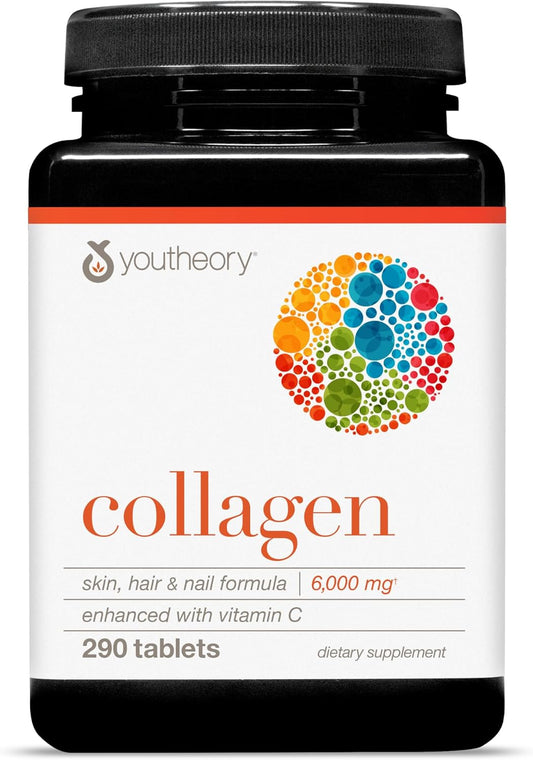 Youtheory Advanced Collagen - 6,000 mg Hydrolyzed Collagen Peptides - Includes Antioxidants & Contains Vitamin C - Hair Growth, Nails, Joint Health & Bone Support* - 290 Tablets (48-Day Supply)