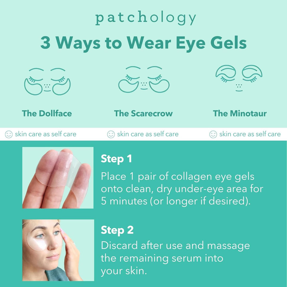 Patchology under eye gel patches for natural skincare treatment, puffy eyes, dark circles, and eye bags, 5 pairs