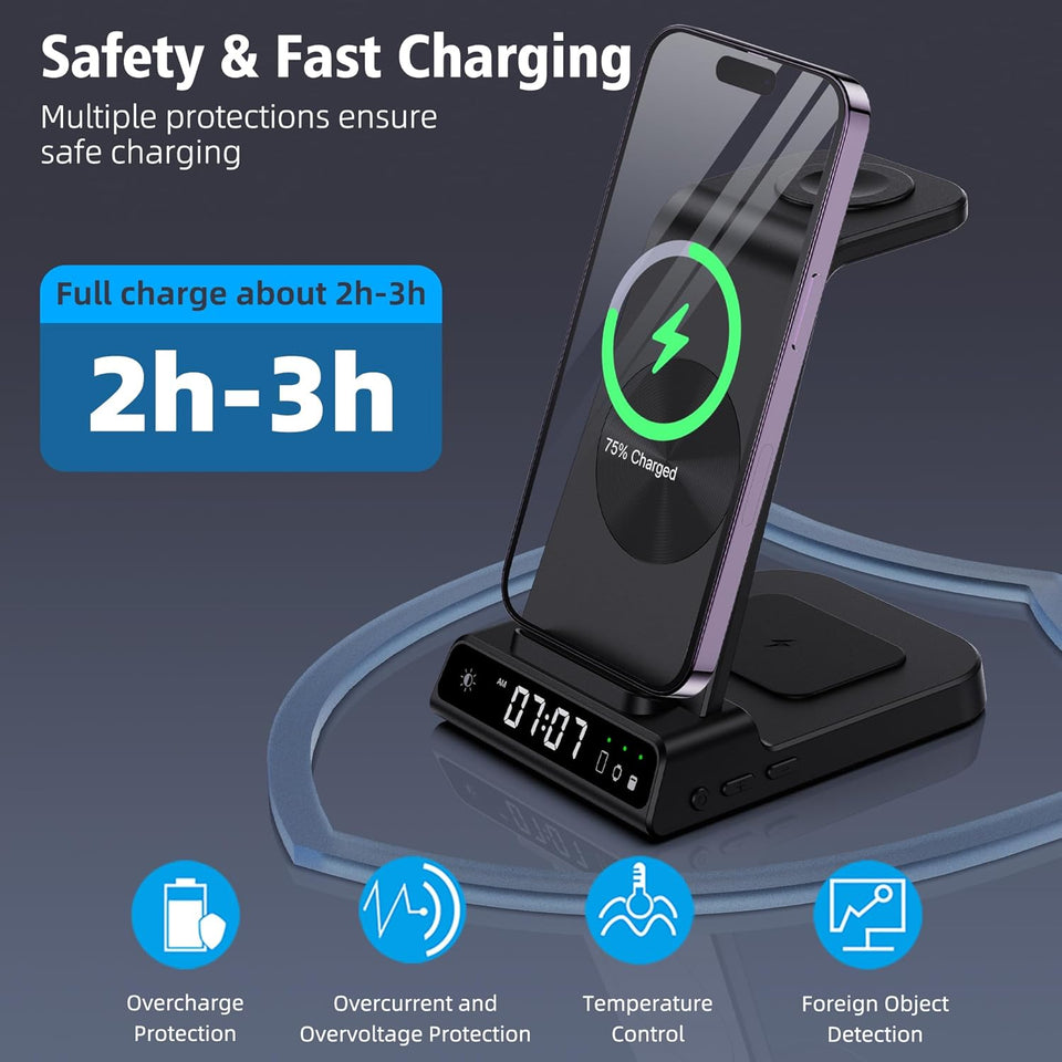 Wireless Charging Station, YiJYi 3 in 1 Watch Charger Stand with Digital Clock Suitable for iWatch SE/6/5/4/3/2/1,AirPods Pro, for iPhone 16/15/14/13/12/11 Pro Max/XS/XR/X/8/Samsung S23/S22/S21