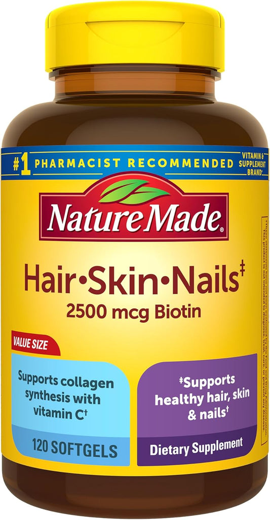 Nature Made Hair Skin and Nails with Biotin 2500 mcg, Dietary Supplement For Healthy Hair Skin and Nails Support, 120 Softgels, 120 Day Supply