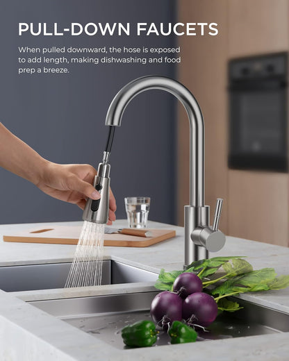 FORIOUS Kitchen Faucets with Pull Down Sprayer, Brushed Nickel, High Arc Single Handle Classic Stainless Steel Sink Faucet 1 or 3 Hole, Suitable for Farmhouse Camper Laundry Rv Bar